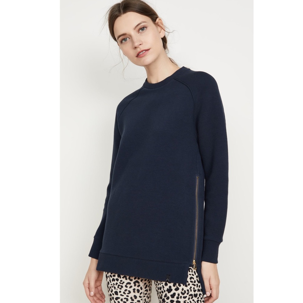 Varley Manning Ribbed Side Gold Zipper Crewneck Pullover Sweatshirt Navy sz L